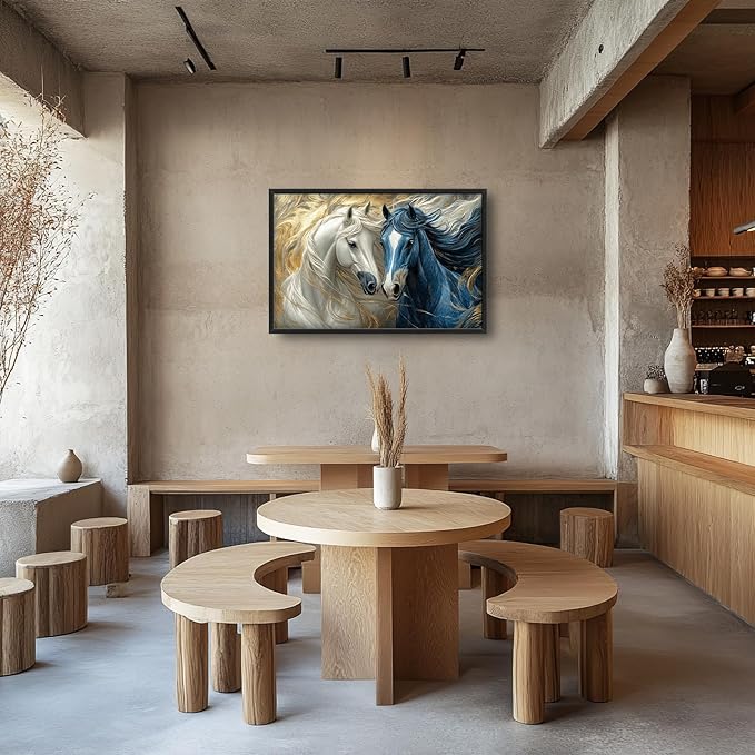 Framed Large Horse Wall Art for Living Room, Oversized Abstract Horses Wall Decor Blue and Golden Canvas Painting Animal Pictures Modern Artwork for Living Room Bedroom Office 36"x24"-PawvioPets