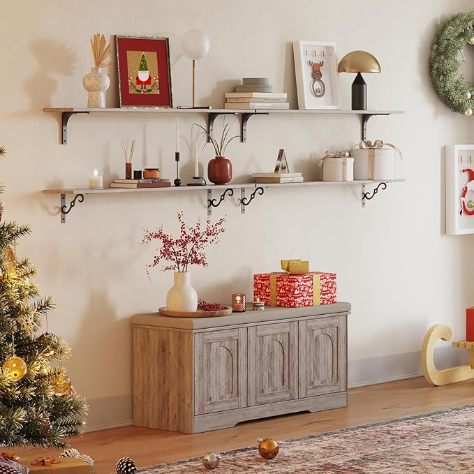 DINZI LVJ Shoe Bench, Entryway Storage Bench with Doors, Cushion, 2-Tier Shoe Rack with 6-Cubby, 39.4”L x 13.8”W Shoe Organizer Cabinet, Adjustable Shelf, Living Room, Bedroom, Greige-PawvioPets