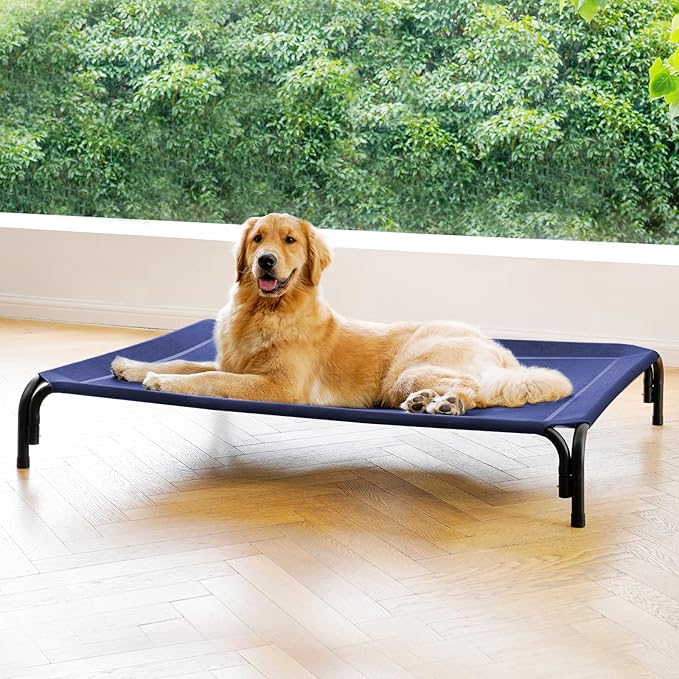 Elevated Dog Bed Raised Outdoor Dog Cot for Extra Large Dogs, Installation Requires No Tools, Frame with Washable Cooling Breathable Mesh Anti-Slip Feet, Indoor Pet Bed, Blue, 48.8 Inches-PawvioPets