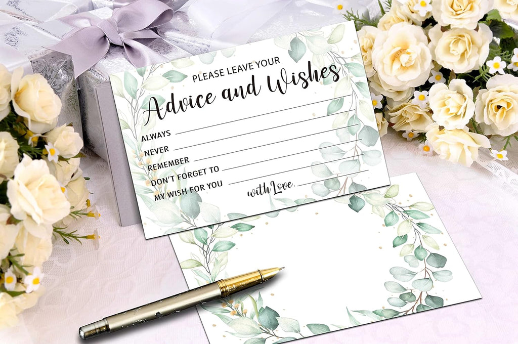 Greenery Advice and Wishes Cards, 25 Pcs Eucalyptus Double Sided Advice Cards for The Bride and Groom, Mr and Mrs, Bride Shower, Wedding Reception, Engagement Party(02)