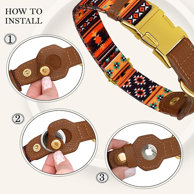 AirTag Dog Collar for Small Medium Large Breed - Adjustable Cute Pattern Dog Collar with Airtag Holder - Soft Leather Tracker GPS Apple Air Tag Pet Collars (X-Large, 20"-25" Neck Fit, Western)-PawvioPets