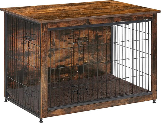 DWANTON Dog Crate Furniture with Cushion, Wooden Kennel Table with Double Doors, Indoor Dog House, Medium Size, 32.5" L, Rustic Brown-PawvioPets