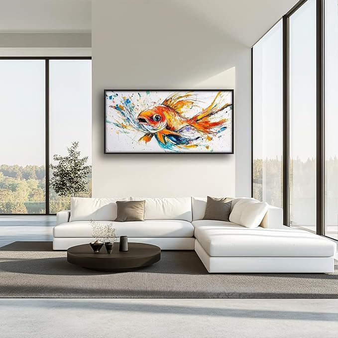 Framed Large Fish Wall Art for Living Room, Oversized Graffiti Goldfish Wall Decor Watercolor Fishing Canvas Painting Modern Artwork Home Decoration for Living Room Bedroom Office 60"x30"-PawvioPets