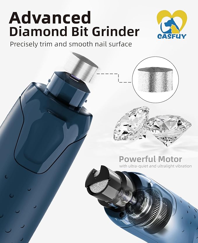 Casfuy Dog Nail Grinder Quiet - (45db) 6-Speed Pet Nail Grinder with 2 LED Lights for Large Medium Small Puppy Dogs/Cats, Professional 3 Ports Rechargeable Electric Dog Nail Trimmer with Dust Cap-PawvioPets