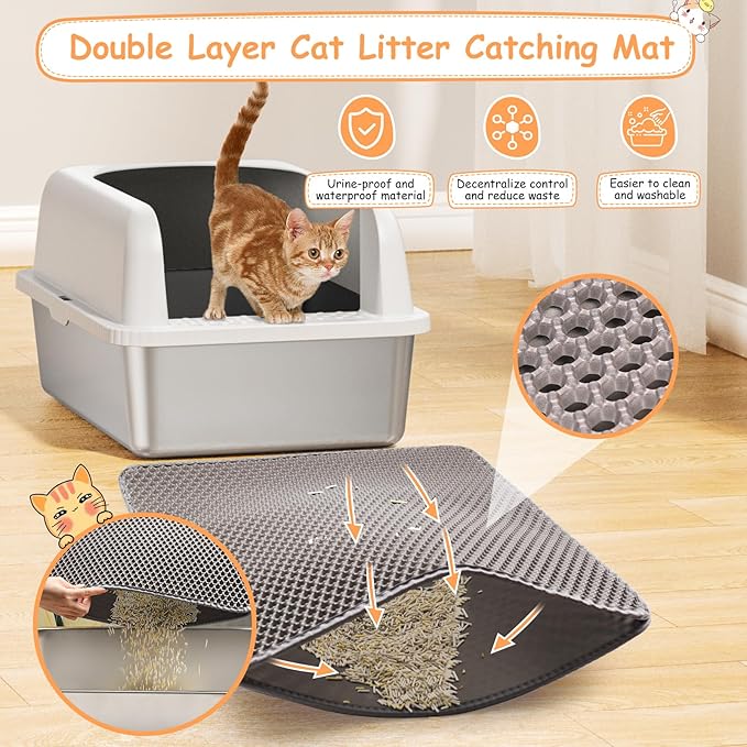 2 Pack Stainless Steel Litter Box, 24'' XL Extra Large Cat Litter Box with Lid, Metal Litter Boxes for Multiple Cats, Anti-Leakage,Non-Stick, Easy to Clean, Included Cat Litter Mat, Scoop-PawvioPets