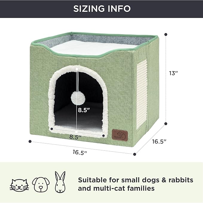 Bedsure Cat Beds for Indoor Cats - Large Cat Cave for Pet Cat House with Fluffy Ball Hanging and Scratch Pad, Foldable Cat Hideaway, 16.5x16.5x13 inches, Green-PawvioPets