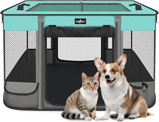 Foldable Pet Kitten Playpen, Waterproof Portable Pet Cat Dog Playpen Kennel Tent for Small Dog Cat, Removable Shade Cover, Come with Free Carrying Case, Indoor Outdoor Use for Small Animals, BlackTeal-PawvioPets