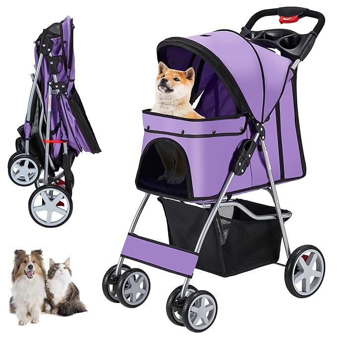 4 Wheels Pet Stroller for Small Medium Dogs Cats 10-33 lbs, Foldable Dog and Cat Stroller with Cup Holder & Storage Basket & Breathable Mesh, Pet Strolling Cart for All-Season, Purple-PawvioPets