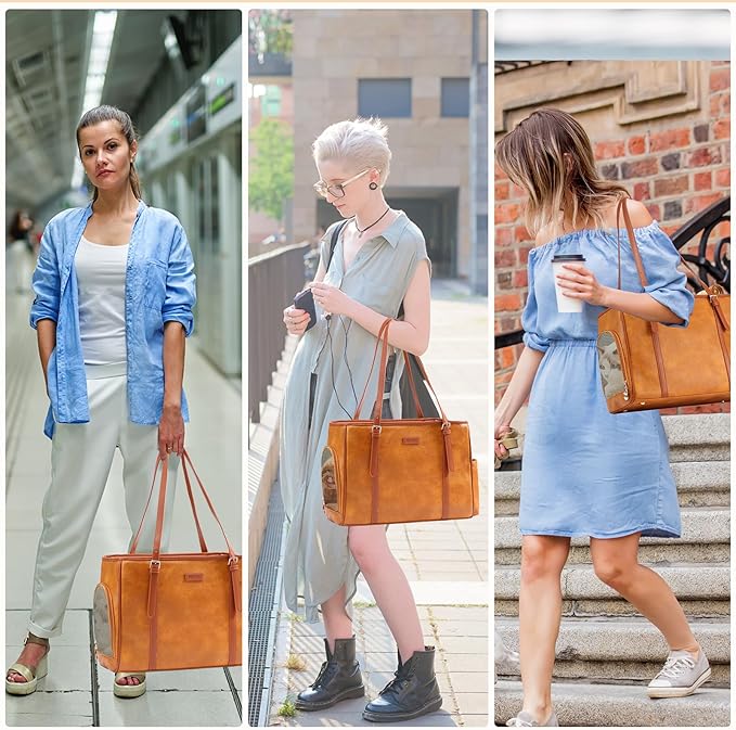 Fashion Dog Purse Pet Carrier Leather Bag for Small Dogs Cats Puppy, Portable Tote Bag Airline Approved Soft-Sided Carriers (Brown)-PawvioPets