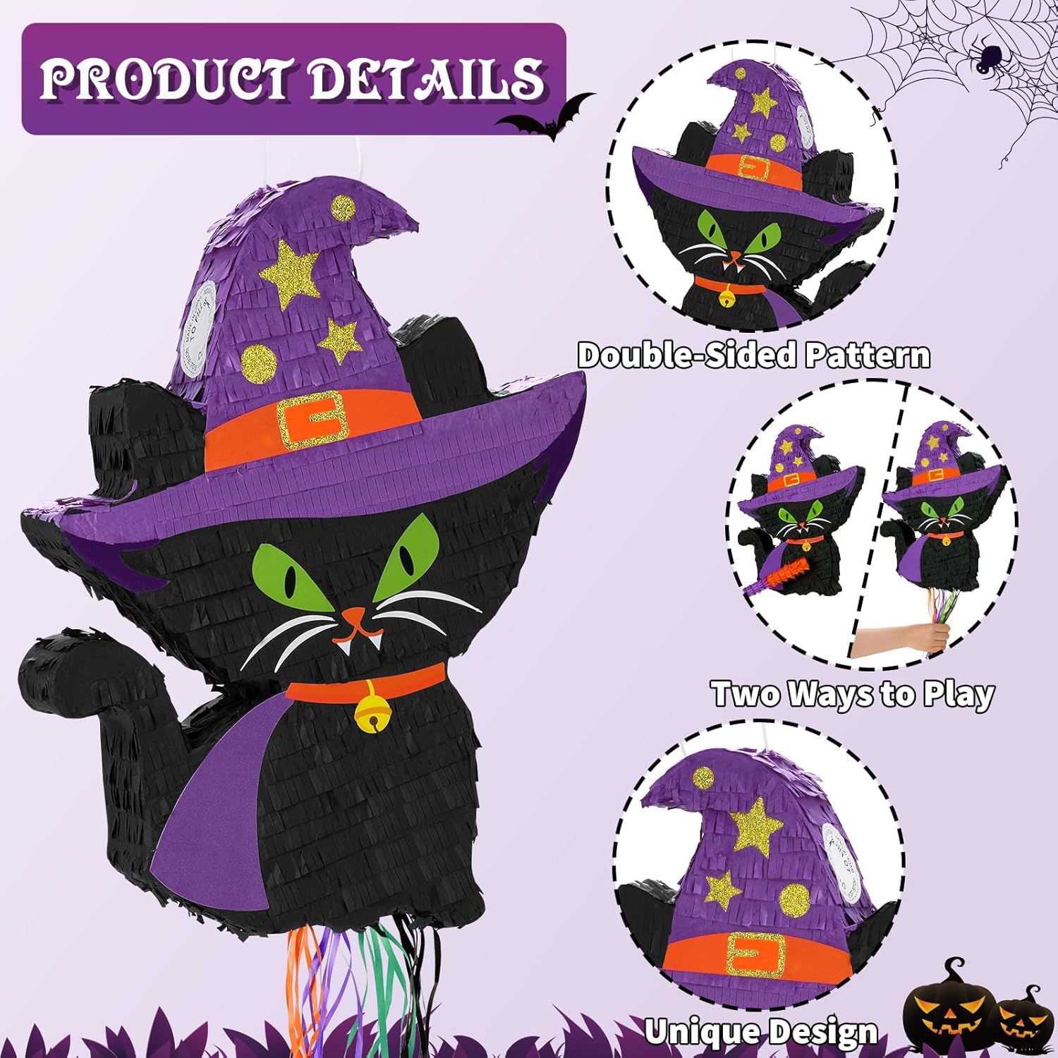 WERNNSAI Halloween Cat Pinata - Halloween Party Decorations Black Cat Pinata Witch Hat for Kids Hallows Eve Birthday Theme Party Games Supplieswith Stick & Blindfold