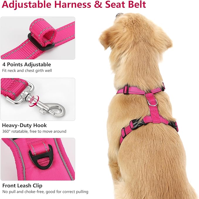 Dog Seat Belt Harness for Car, Dog Car Harness Adjustable Mesh Breathable & Dogs Seatbelt Safety Tether with Elastic Bungee for Small Medium Large Pets(Rose, S)-PawvioPets
