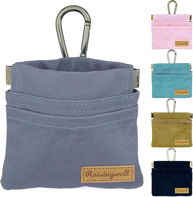 Dog Treat Pouch, Small Cotton Pocket Sized Training Holder, Hand Free Walking Fanny Bag with Carabiner, Self-Closing Pet Feed Snack Reward, Behavior Aids for Puppy Travel or Outdoor (Grey)-PawvioPets