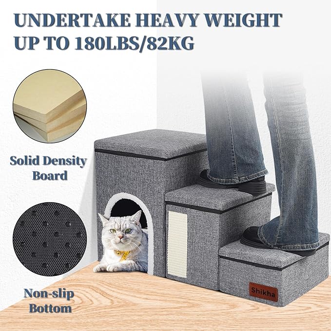 Dog Stairs for High Bed and Couch, 4 IN 1 Foldable Pet Stairs for Cats & Small and Medium Dogs, Adjustable Dog Steps with Pet Climbing Ladders/Cozy Condo/Storage Boxes/Cat Scratcher, Hold Up to 180LBS-PawvioPets