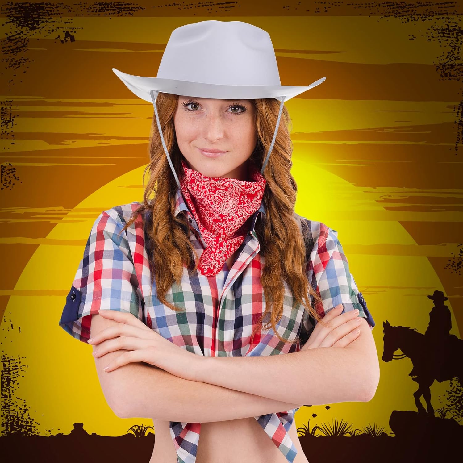 Mepase 24 Pieces Disposable Plastic Western Cowboy Hat Set Felt Wide Brimmed Cowgirl Hats for Men Women Costume Party(White)