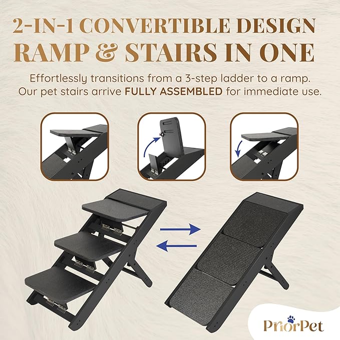 Dog Steps for Bed & Couch 2-in-1 Dog Stairs/Ramp - Height Adjustable Dog Ramp for Couch 7” - 20” - Pet Stairs, Dog Stairs for Small Dogs - Easy to Move Pet Steps with Landing Platform, Black-PawvioPets