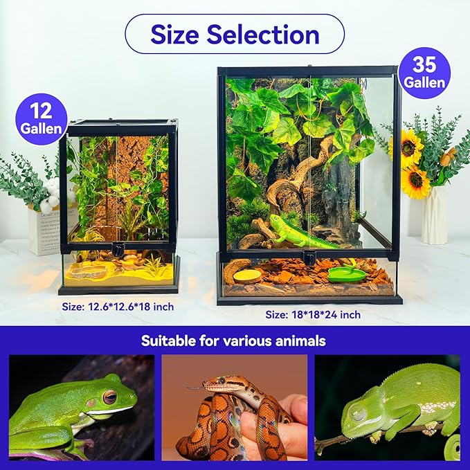 360° Clear View 12 Gallon 18x12.6x12.6 Glass Reptile Terrarium Suitable for Bearded Dragon, Chameleon, Crested Gecko, Multi-Pet Enclosure with Front Door, Excellent Ventilation, Hidden Wiring Holes-PawvioPets