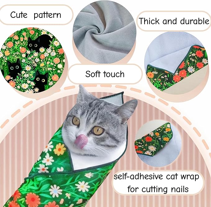 Cat Grooming Wrap Cat Wrap for Cutting Nails Cat Burrito Wrap 19.96 inch(Within 6Lbs) Cat Swaddle Nail Clipping, Teeth Brushing, Ear Cleaning Self-Adhesive Magic Cloth Cat Restraint-PawvioPets
