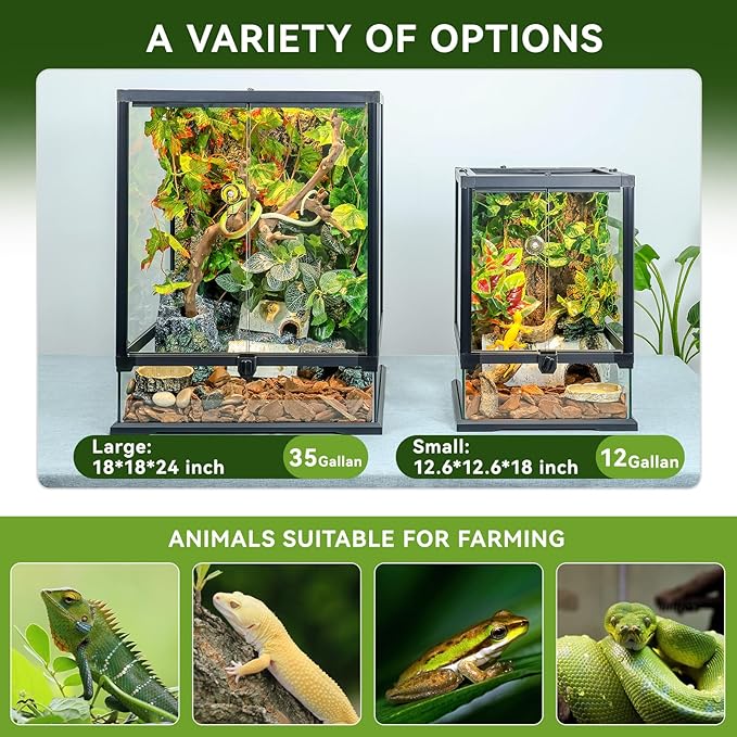 18x12x12 12 Gallon Glass Reptile Tank Front Opening Terrarium Suitable for Leopard Geckos, Snakes Tree Frogs Chameleons Watertight Base, Ventilated Metal Mesh Top, Pre-Drilled Cable Holes-PawvioPets