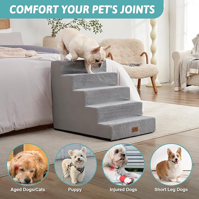 Dog Stairs for Small Dogs, 5 Tier Wider Pet Stairs for High Beds, 23.6" H Non-Slip Dog Steps for Old Cats, Puppies, Small Medium Dogs, 29.5x19.7x23.6 inch, Grey-PawvioPets