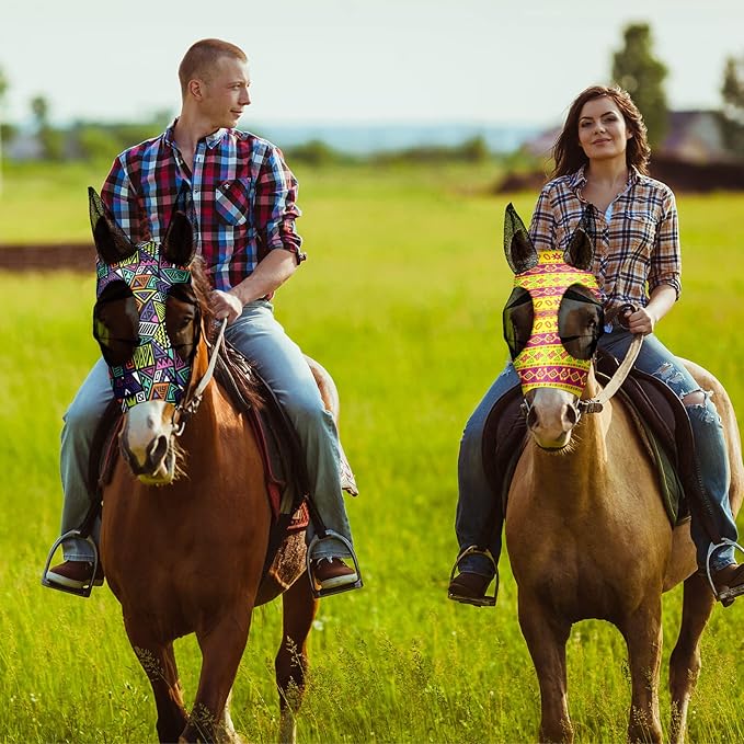 Frienda 4 Pieces Horse Fly Masks with Ears Face Covering UV Protection from Insect Pests Elasticity Smooth Comfortable Mesh Horse Mask Accessories(Geometric,Medium)-PawvioPets