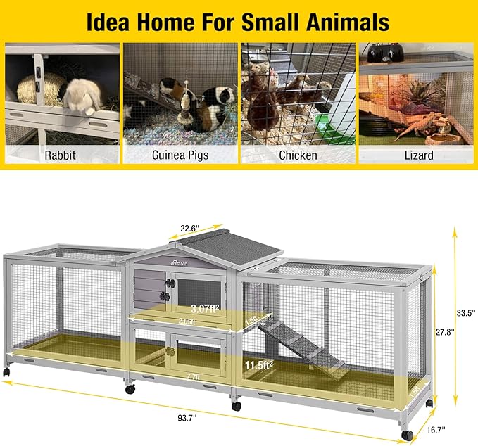 Aivituvin Rabbit Hutch 93.7" Large Rabbit Cage Indoor Outdoor Guinea Pig Cage Chicken Coop on Wheels Bunny Cage with 4 Deep No Leakage Pull Out Tray,Waterproof Roof-PawvioPets