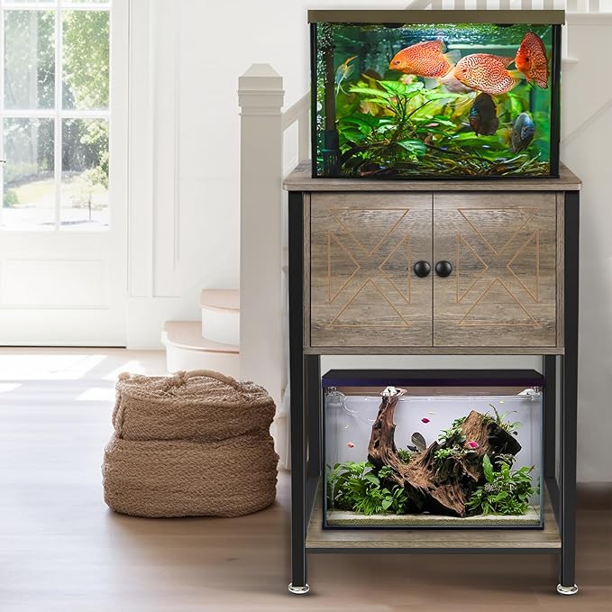 5-10 Gallon Fish Tank Stand, Heavy Duty Aquarium Stand with Cabinet & Power Outlets for Fish Tank Accessories Storage, Double Tank Stand 20.5" L* 11" W Tabletop, 220LBS Capacity, Grey-PawvioPets