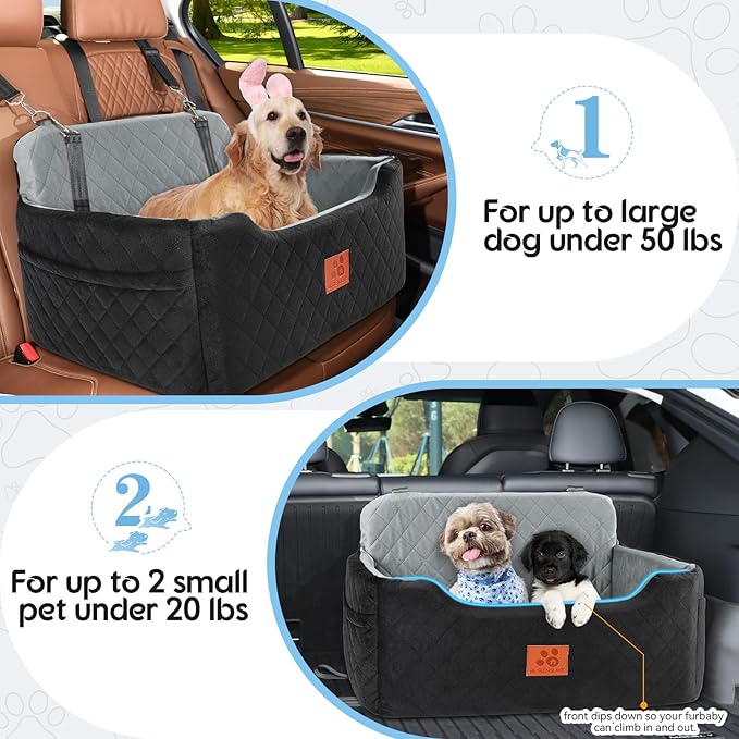 Dog Car Seat for Medium/Large Dogs,Dog Booster Seat for Dog Under 50lbs or 2 Small Dogs, Detachable and Washable Pet Car Seat,Multi-Functional Travel Dog Bed & Dog Sofa(Black/Grey)-PawvioPets