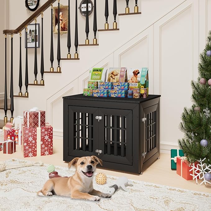 32" Heavy Duty Dog Crate Furniture for Small,Medium and Large Dogs,Rustic Wooden Dog Cage Kennel Indoor Furniture with Waterproof Top,Decorative Pet House Side End Table (Black)-PawvioPets