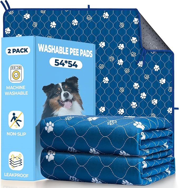 Fostanfly Washable Pee Pads for Dogs, 2 Pack Large 54"x54" Ultra-Absorbent and Leak-Proof Non-Slip Reusable Potty Training Pads for Dogs, Puppy & Cats of Add 8 Lanyards-Blue-PawvioPets