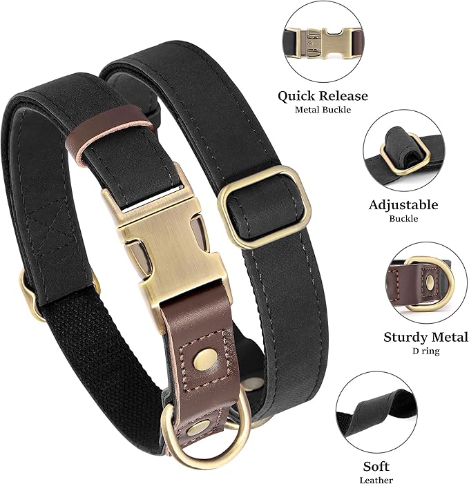 Didog Soft PU Leather Dog Collars for Small Dogs,Classic Adjustable Dog Collars with Quick Release Metal Buckle,Easy Clean and Comfortable with Nylon Lining,Black,S Neck 10-15"-PawvioPets