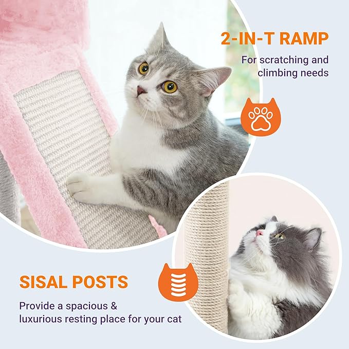 Allewie 81 Inches Tall Cat Tree/Multi-Level Large Climbing Tree House and Towers for Big Feline/Condo and Hammock/Scratching Post/Wide Base/Pink-PawvioPets