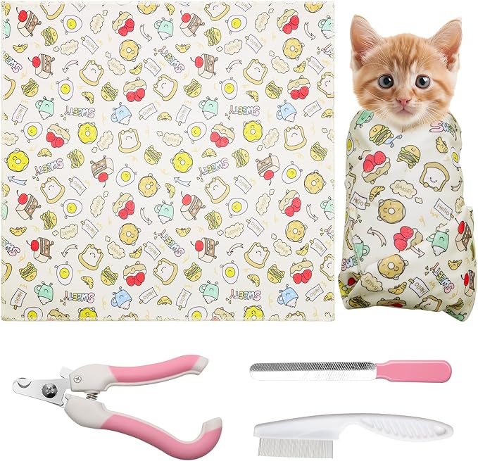 4p Cat Wrap for Cutting Nails Set, Self-Adhesive Cat Wrap Comfortable & Soft Cat Grooming Wrap Suitable for Many Cat Sizes Cat Burrito Wrap for Trimming Nails-PawvioPets