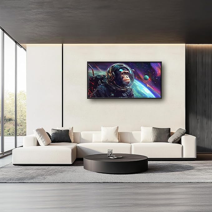 Framed Large Monkey Astronaut Wall Art, Oversized Chimpanzee Spacemen Wall Decor for Living Room, Outer Space Canvas Painting Pictures Modern Artwork for Living Room Bedroom Office 60"x30"-PawvioPets