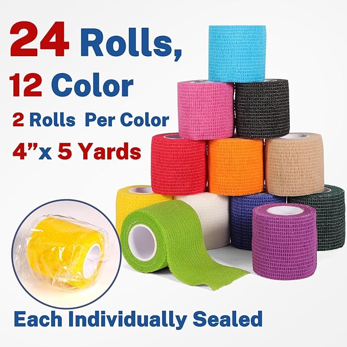 24 Pack Self Adhesive Bandage Wrap 2 Inch, Cohesive Medical Tape for Sports, Elastic Vet Wrap for Athletic, Ankle, Wrist Sprains, Pet First Aid-PawvioPets