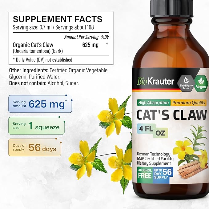 BIO KRAUTER Cats Claw Tincture - Liquid Cats Claw Herb for Immune Support - Alcohol & Sugar Free - Vegan Drops 4 Fl.Oz.-PawvioPets
