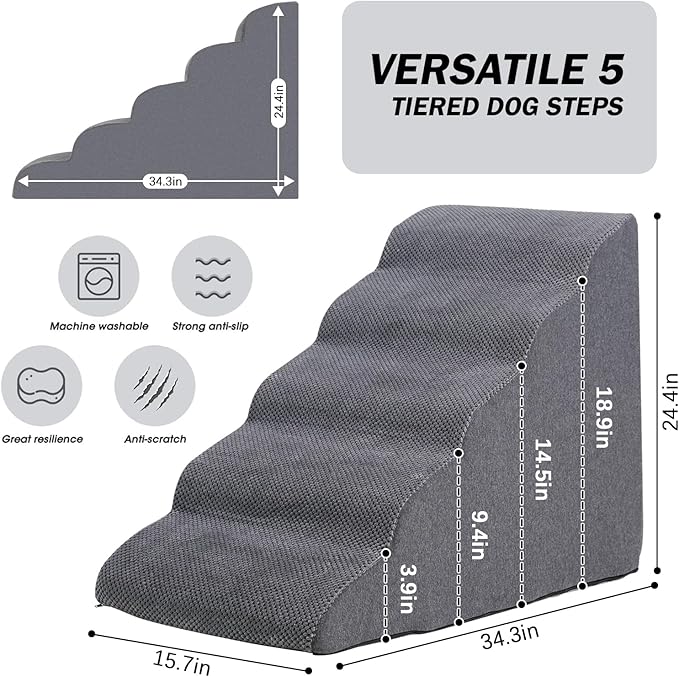 Dog Stairs&Steps for High Beds Up to 28'', 5-Step Dog Ramp for Small Medium Dogs with Washable Cover, Non-Slip Steps for Cats to Get on Couch and Sofa, Durable Foam Ladders, 24.4" Tall, Grey-PawvioPets