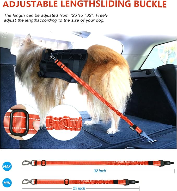 AUBELL Dog Seat Belt for Car,2 Pack Set 3-in-1 Adjustable Reflective Bungee Heavy Duty Dog Car Harness Tether with Clip Hook Latch & Buckle,Swivel Zinc Alloy Carabiner,Black+Orange-PawvioPets