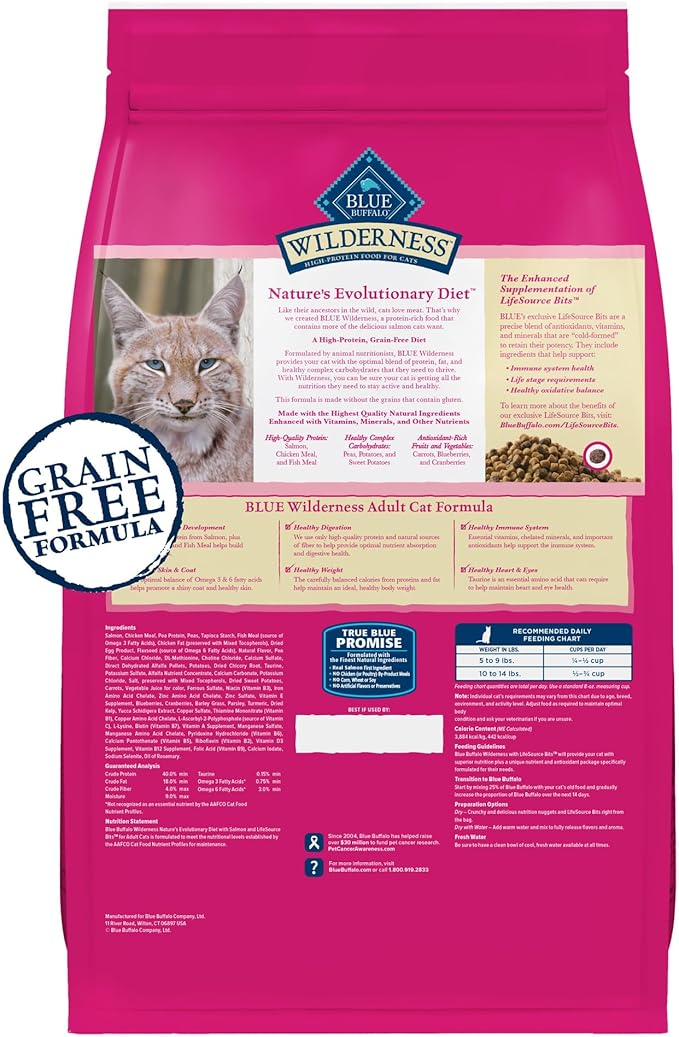 Blue Buffalo Wilderness Natural High Protein, Grain Free Dry Food for Adult Cats, Salmon, 11-lb Bag-PawvioPets
