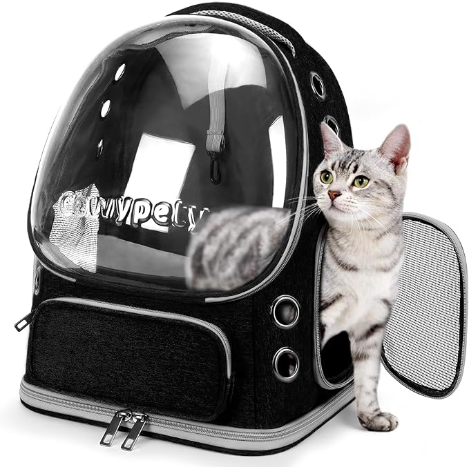 Cat Backpack Carrier, Breathable Cat Carrier Large Space Bubble Pet Backpack for Kitty Small Dog up to 12lbs, Transparent & Foldable Pet Carrier for Travel Hiking (Black-PawvioPets