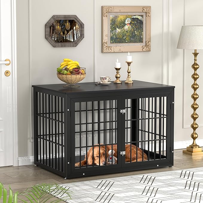 48 Inch Heavy Duty Dog Crate Furniture for Large Dogs, Decorative Pet House End Table, Extra Large Wooden Cage Kennel Furniture Indoor, Black-PawvioPets