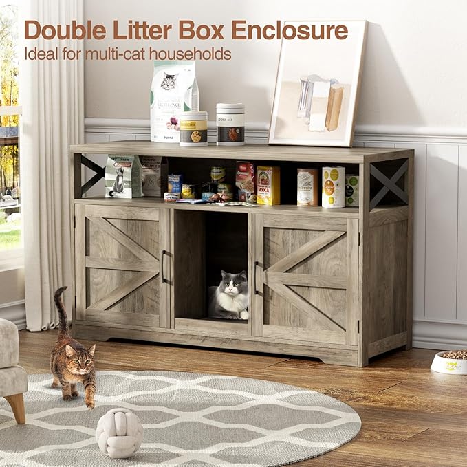 Cat Litter Box Enclosure for 2 Cats, 47" Double Hidden Litter Box Furniture with Scratch Pad, Farmhouse Indoor Litter Box Cabinet Cat Washroom, Grey-PawvioPets