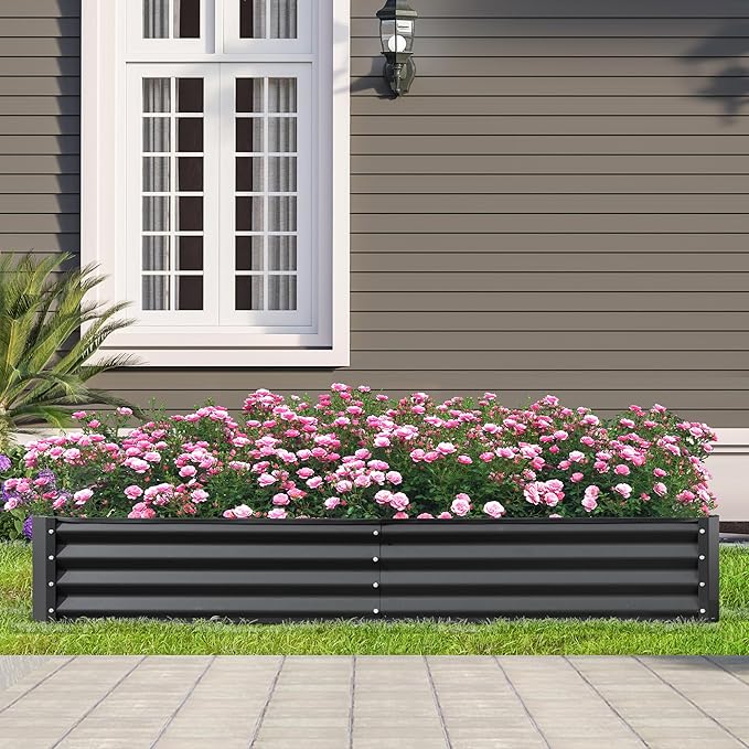 Domi Galvanized Raised Garden Bed, 8x4x1Ft Thickening Metal Planter Box for Vegetables Bottomless for Backyard Outdoor, 1" Deep w/ 228 Gallon Capacity - Dark Gray-PawvioPets