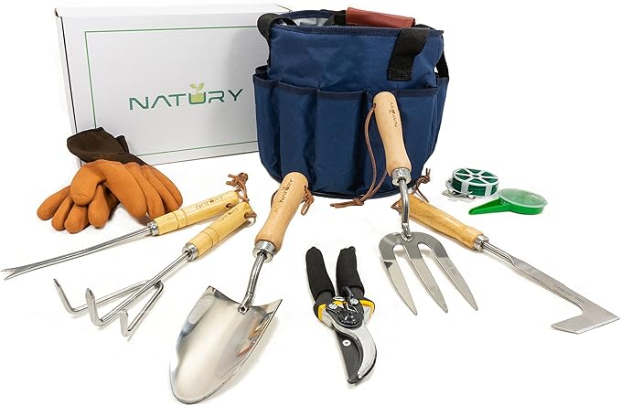 Garden Tools Set – Premium Stainless Steel Gardening Hand Tools with Solid Beechwood Handle – Gardening Kit with Rake, Shovel, Gloves, Shears, Tool Organizer – Garden Gifts for Women and Men-PawvioPets