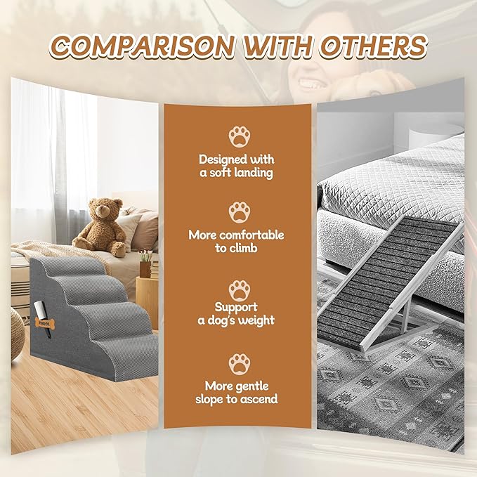 Dog Stairs, Romrol Dog Steps Ramp for High Bed and Couch, Dogs Ramp with Durable Non-Slip Waterproof Fabric Cover, Pet Stairs for Small Dogs and Cats or Pets Joints, 4-Tiers,Grey-PawvioPets