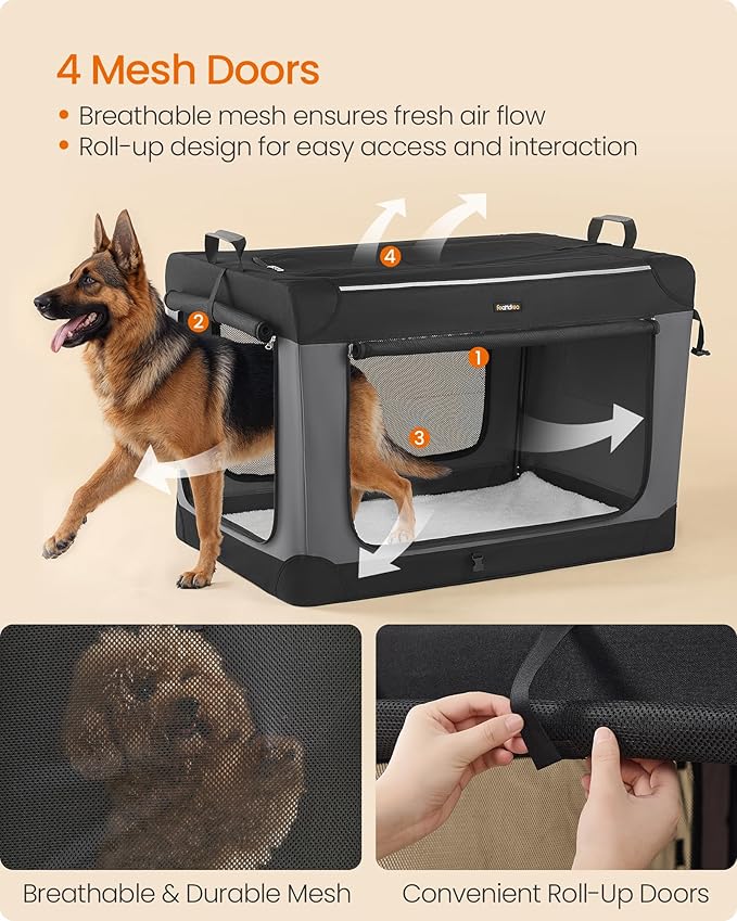 Feandrea Collapsible Dog Crate, 42-Inch Portable Dog Travel Crate for Large Dogs, Oxford Fabric Pet Carrier with 4 Mesh Doors, Handles, Storage Pocket, Water Bottle Holder, Ink Black UPDC021B01-PawvioPets
