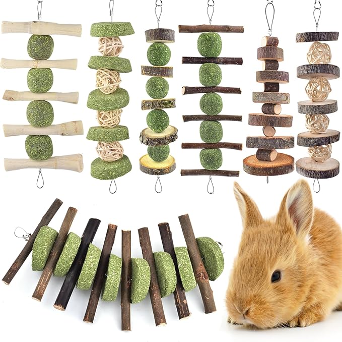 ERKOON Bunny Chew Toys, Rabbit Chew Toys for Teeth Grinding, Improve Dental Health, 100% Natural Apple Wood Timothy Grass Cake Treats for Rabbits Guinea Pigs Chinchillas Bunnies Hamsters (7 Pcs)-PawvioPets