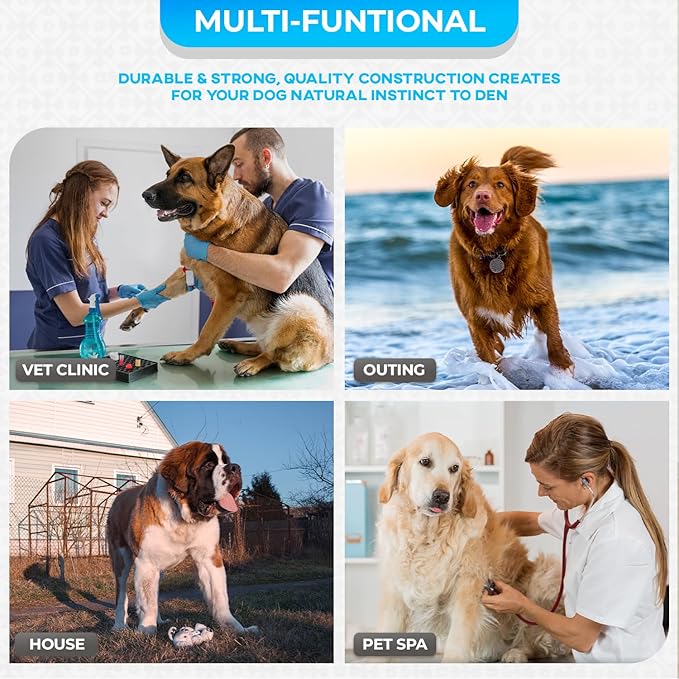 FDW Dog Crate for Large Dogs 42 Inch Folding Metal WirePet Cage Double Door W/Divider Panel Indoor Outdoor Kennel Leak-Proof Plastic Tray,Blue-PawvioPets