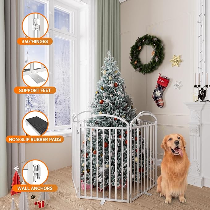 6 Panles Full Matel Freestanding Dog Gates with Door, 144"Extra Wide 36"Tall Free Standing Dog Pet Gate for Indoor & Outdoor. Foldable Pet Fences for Doorways, House, Stairs, Porch, Deck, Yard-PawvioPets