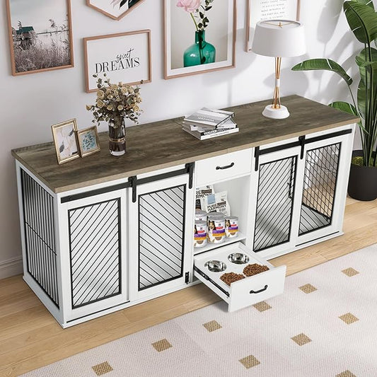Extra Large Dog Crate Furniture, 85" Sliding Door Double Kennel for 2 Large Dogs Divided, Heavy Duty Wooden Dog Crate Kennel Furniture with 4 Dog Bowls and Drawer Indoor, White-PawvioPets