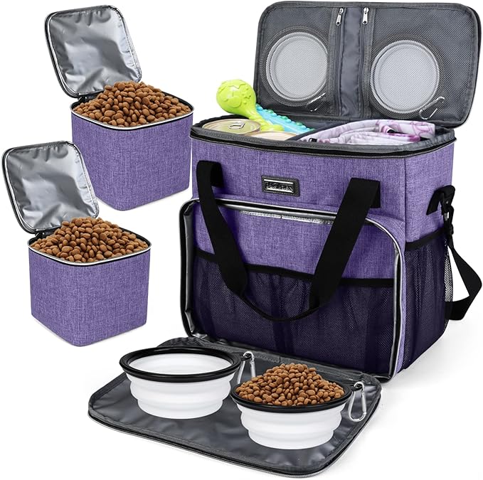 BAGLHER Dog Travel Bag, Pet Travel Bag (ALL Pet Travel Supplies), With 2 Pet Food Containers and 2 Collapsible Silicone Bowls; Essential Kits for Pet Travel Purple-PawvioPets